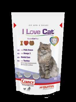 I Love Cat SnackCatPlus Mangime complementare per gatti I Love Cat è uno snack gustoso con carne fresca, 12 vitamine, con una forma particolare di fibra insolubile che favorisce pulizia dei denti e