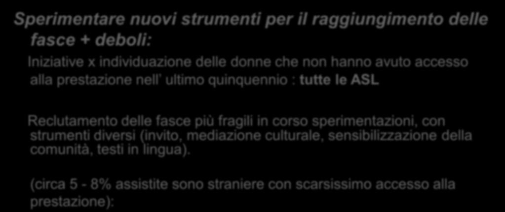 Dalle valutazioni le scelte Sperimentare nuovi strumenti per il raggiungimento delle fasce + deboli: Iniziative x individuazione delle donne che non hanno avuto accesso alla prestazione nell ultimo