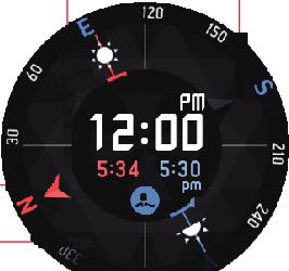 La schermata di Ora mostra i seguenti orari: ora dell alba (in alto a sinistra), ora di inizio del crepuscolo nautico prima dell alba (in basso a sinistra), ora del tramonto (in alto a destra), ora
