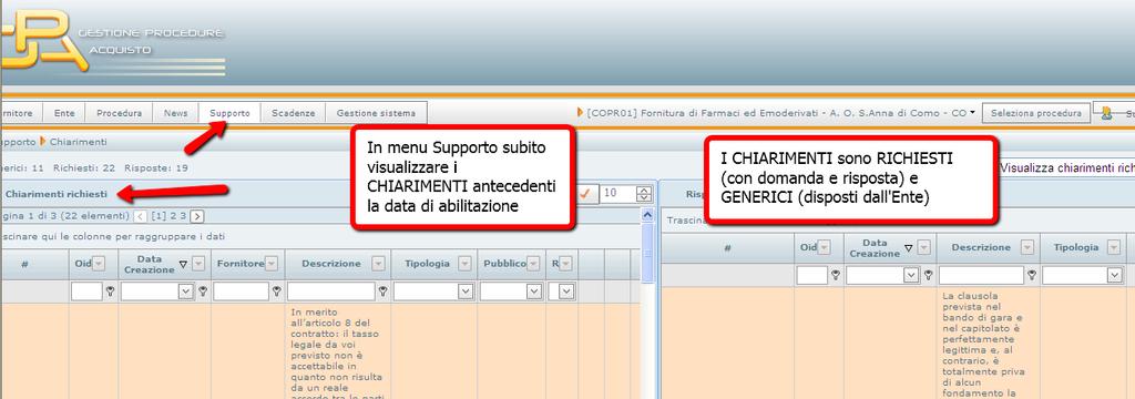 13 Supporto chiarimenti Ogni Operatore Economico abilitato alla procedura, può visualizzare i chiarimenti pubblicati dalla Stazione Appaltante. 1.