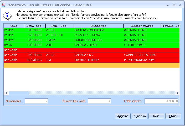 09.09.00 L esito dell elaborazione delle fatture elettroniche è riportato in una tabella di gestione invio: Le fatture valide per il caricamento sono evidenziate in verde, mentre quelle non