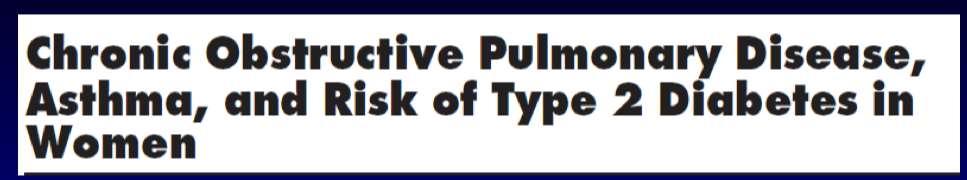 BPCO e diabete Studio di coorte prospettico che ha interessato 97618 donne per 8 anni RR per DMT nella coorte affetta da BPCO = 1,8 Nella coorte delle pz