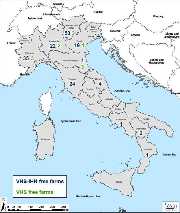 Distribuzione aziende indenni in Italia - 2017 513 aziende con specie sensibili censite 189 aziende indenni VHS 178