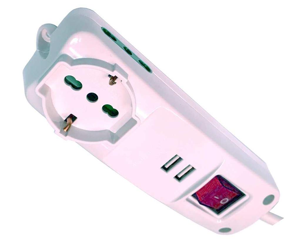 Multiprese Elettriche Multipresa Elettrica 2 prese Bipasso + 1 Bipasso/Schuko con 2 porte USB e interruttore luminoso Cavo H05VV-F3G 1,5 2 con Spina 16 A - 1,5 mt Potenza