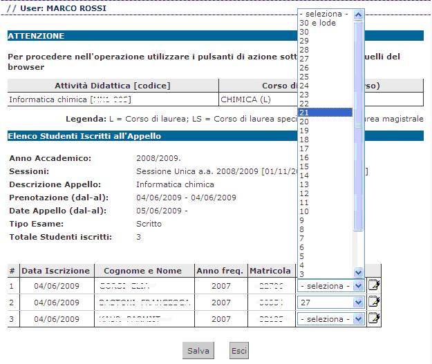 Si accede così alla pagina di inserimento degli esiti.