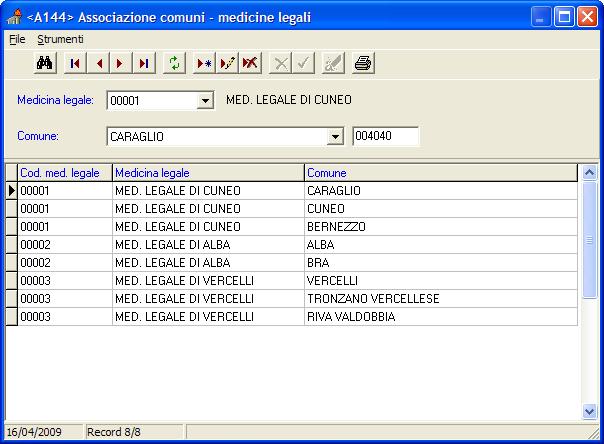 Modulo Gestione Malattie pag. 9 di 17 Associazione comuni medicine legali Questa funzione permette di associare ogni singolo comune all ufficio di medicina legale di competenza.