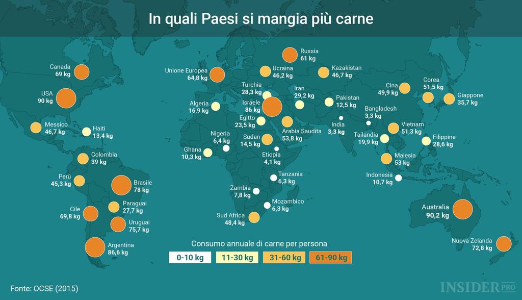 CONSUMI DI CARNE PRO-CAPITE NEL MONDO Il titolo di più grandi consumatori di carne appartiene agli australiani. Gli abitanti di questo paese mangiano in media 90,2 kg di carne all'anno.