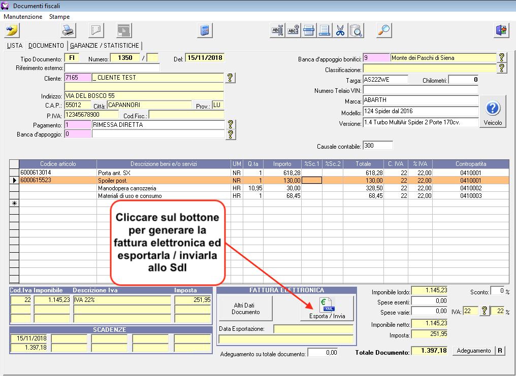 Creare la fattura normalmente come di consueto, fare clic sul bottone Esporta / Invia : Da questo momento in poi non dovrete far altro, WinCar / WinMec si preoccuperà di gestire le successive