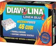 ACCENDIFUOCO LIGNITE DIAVOLINA LINEA BLU 48 cubi accendifuoco potenziati con carbone vegetale, per una combustione più intensa e duratura.