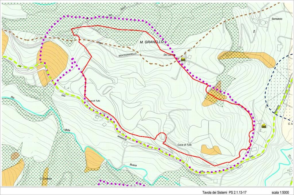 Figura 6 - Area di pertinenza del sistema forestale e boschivo, presente nel Polo 24 (limite punteggiato), interessata dall'intervento estrattivo nell'u.m.i CI.BI. S.r.l. (cerchiata in azzurro).