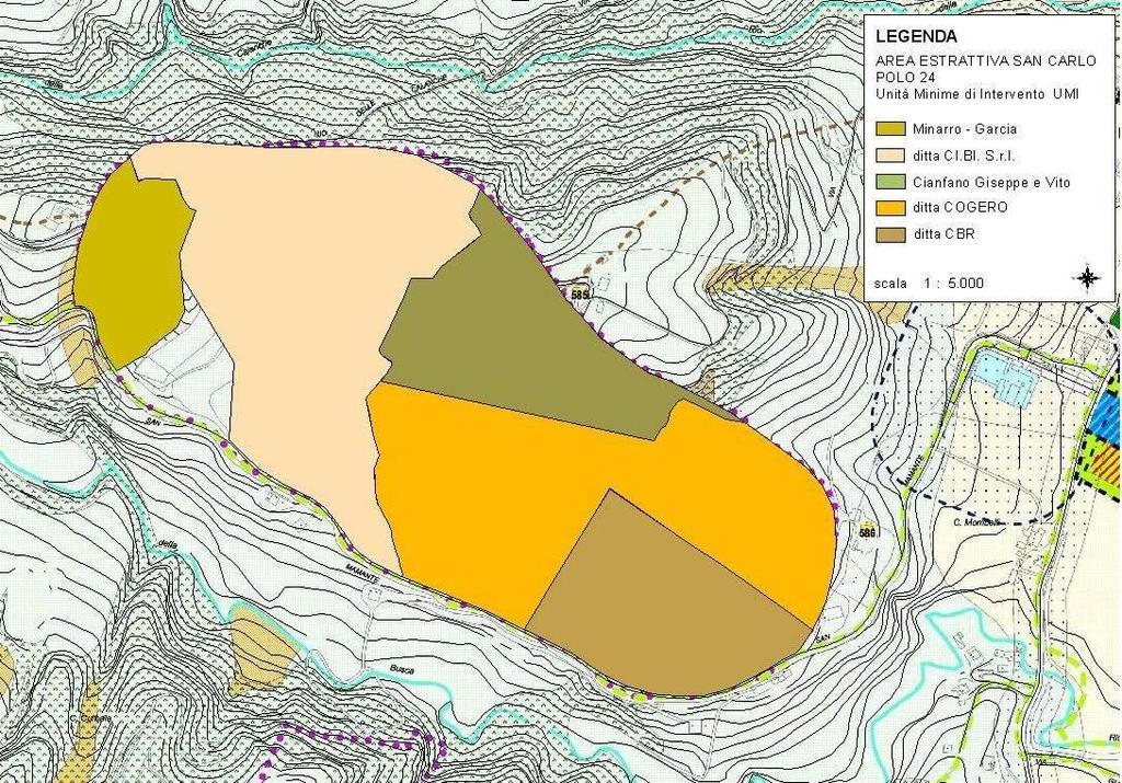 Figura 2 - Zonizzazione, su base C.T.R, del Polo 24 "San Carlo" Il presente piano di coltivazione e sistemazione concerne, in particolare, le quattro U.M.I. del Polo 24 "San Carlo" di pertinenza delle Ditte: CI.
