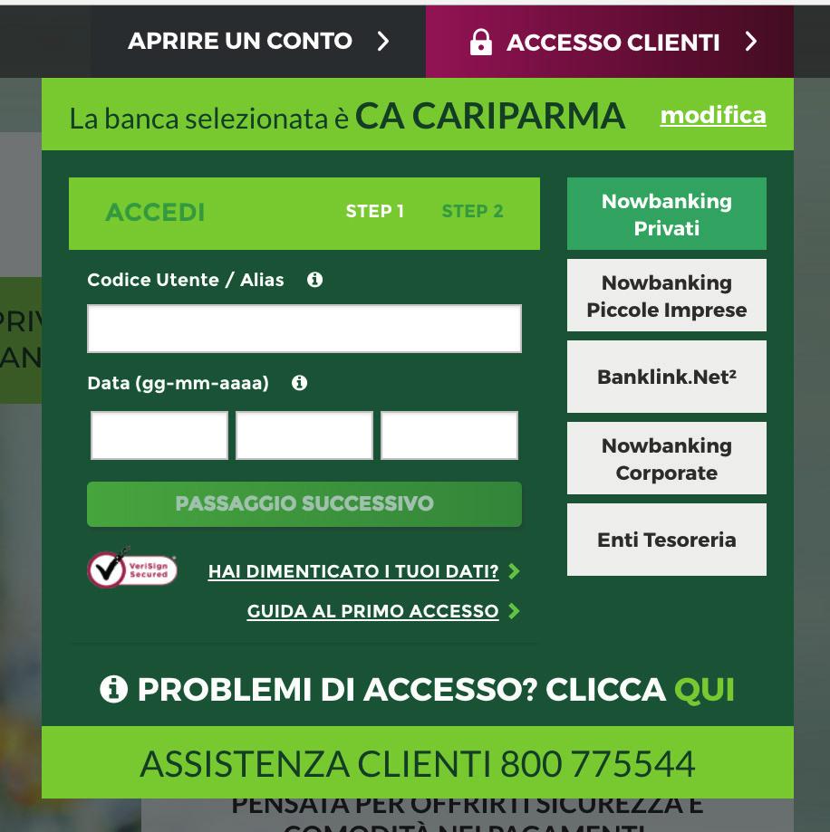 it Clicca sul pulsante ACCESSO CLIENTI in alto a destra Comparirà un pop up con le tre banche tra cui