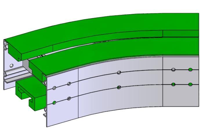 Modello 1873 Curve orizzontali a strisciamento Le curve orizzontali a strisciamento cambiano le loro dimensioni al variare della larghezza e dal modello della catena.