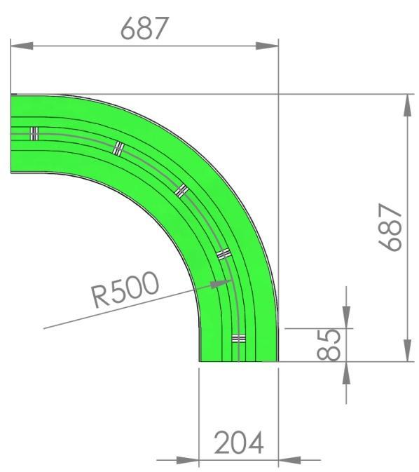 Curve orizzontali a strisciamento per catena K750 CURVA A 30 Cod.: JF-CS30-1873-K750 Inox: JFX-CS30-1873-K750 CURVA A 45 Cod.