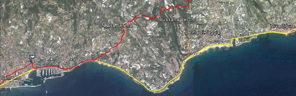 Seguire ex ferrovia lungomare, corso degli inglesi, verso capo Verde, Bussana (6km, in alto le rovine di Bussana vecchia distrutta da