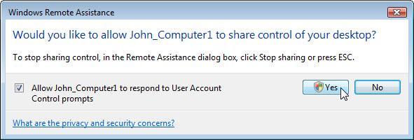 Passo 9 Da Computer2, fare clic sulla casella Consenti a John_Computer1 di rispondere ai messaggi di Controllo Account