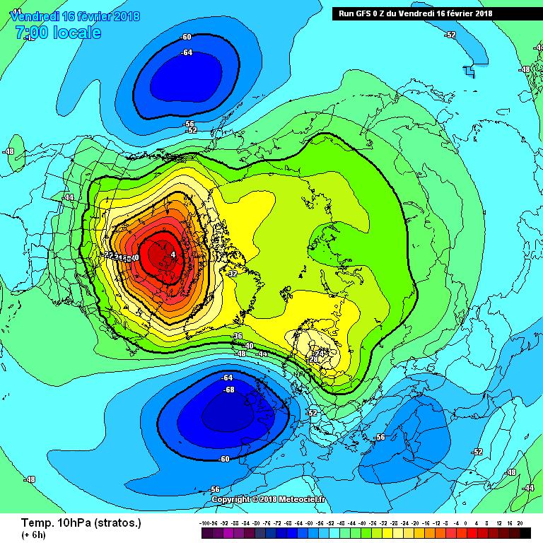 Fonte GFS Meteociel Distribuzione termica a 10 hpa del Vortice Polare Troposferico