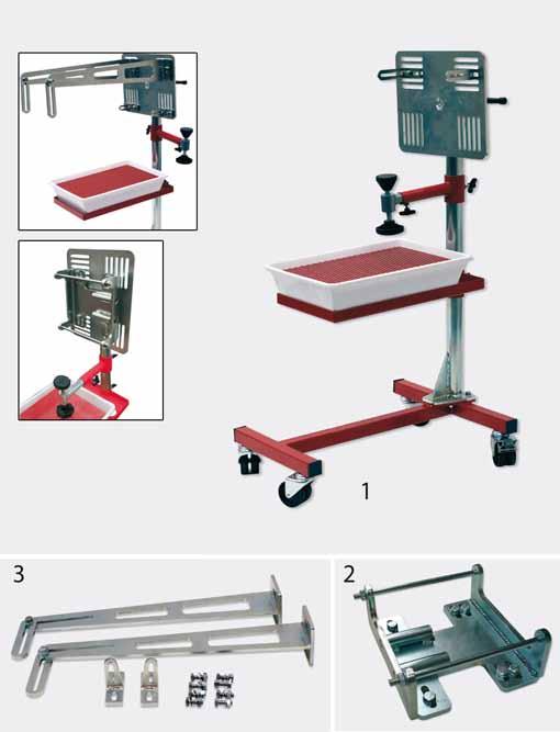 Con 4 ruote piroettanti di cui due con freno. Consente di lavorare in sicurezza con il motore fissato ai supporti.