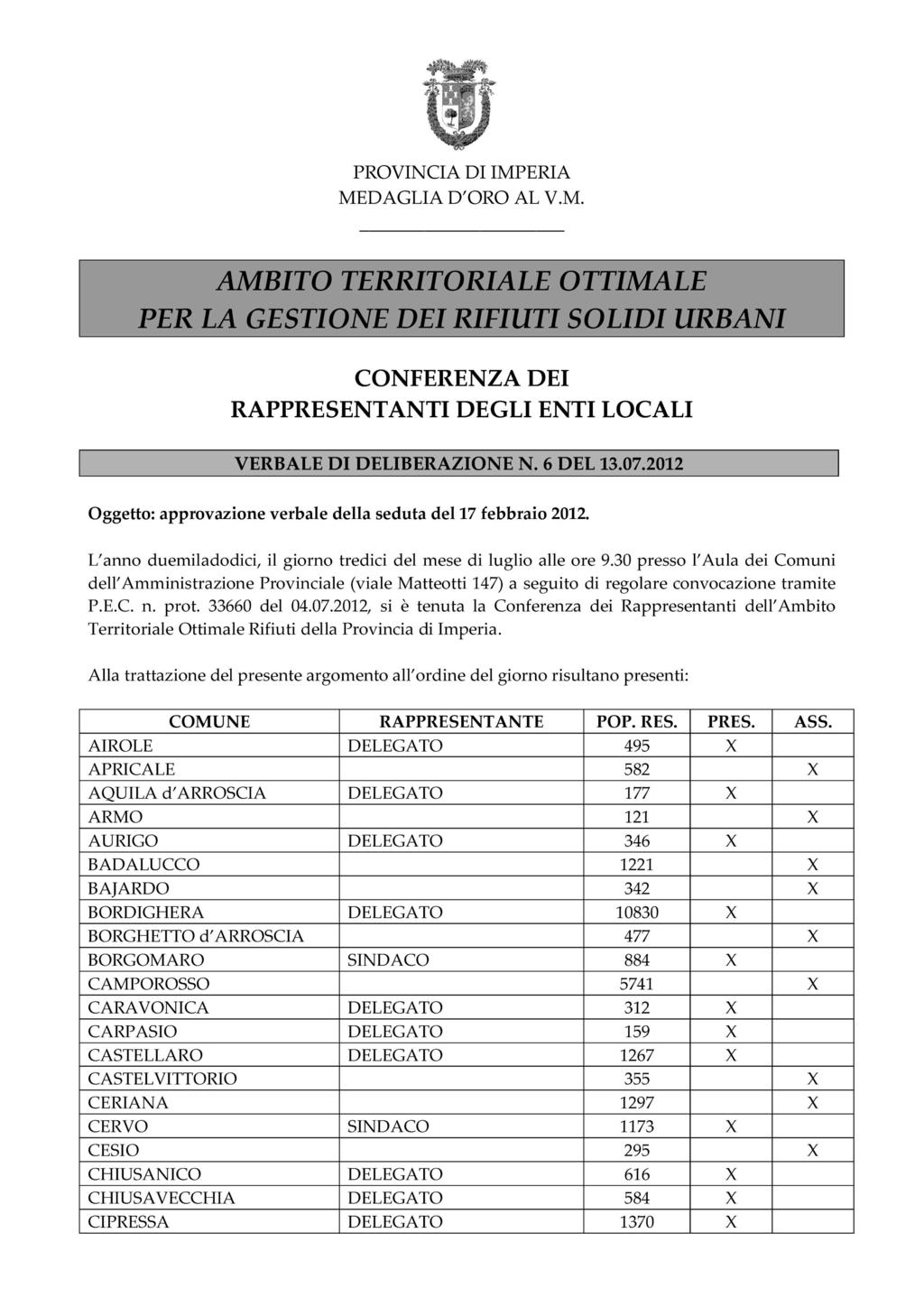 PROVINCIA DI IMPERIA MEDAGLIA D'ORO AL V.M. AMBITO TERRITORIALE OTTIMALE PER LA GESTIONE DEI RIFIUTI SOLIDI URBANI CONFERENZA DEI RAPPRESENTANTI DEGLI ENTI LOCALI VERBALE DI DELIBERAZIONE N. 6 DEL 13.