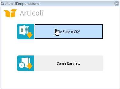 Eseguiamo l importazione degli articoli. Scegliamo di importare un file Excel o Csv e selezioniamo il file ARTICOLI.CSV nel percorso in cui è stato esportato.