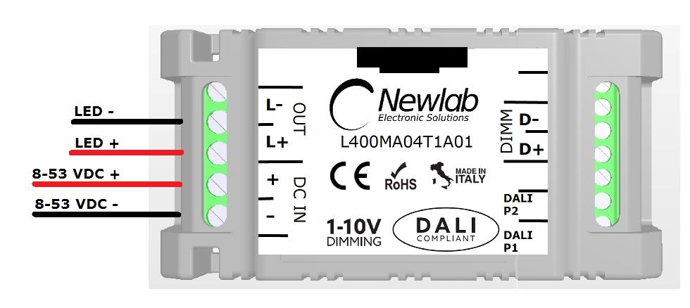 ALIMENTAZIONE DEL DISPOSITIVO E CONNESSIONE AL MODULO LED COLLEGAMENTO ALIMENTAZIONE E LED L400MA E L400MB (FIG. 2) l dimmer L400MA/L400MB devono essere alimentati secondo la polarità indicata in FIG.