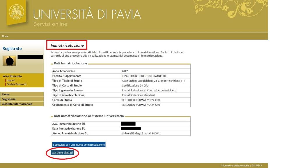 Giunti alla pagina immatricolazione si risulterà preimmatricolati e si