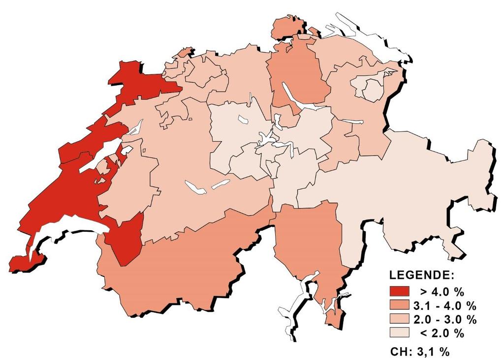 G5: Tasso di disoccupazione per Cantone, giugno 2016 G6: Tasso di disoccupazione per Cantone, giugno 2016 % 6.0 5.5 5.0 4.5 4.