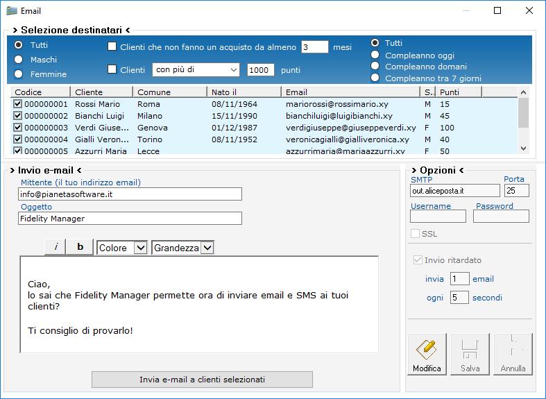 Invio e-mail Fidelity Manager permette l invio di e-mail ai propri clienti.