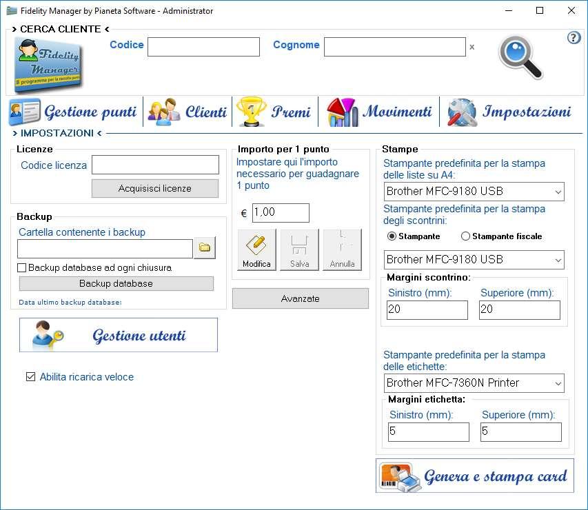 Impostazioni Dalla scheda Impostazioni è possibile gestire diverse funzioni: Impostare l importo necessario per guadagnare 1 punto Gestire gli utenti del programma e i relativi permessi Effettuare il