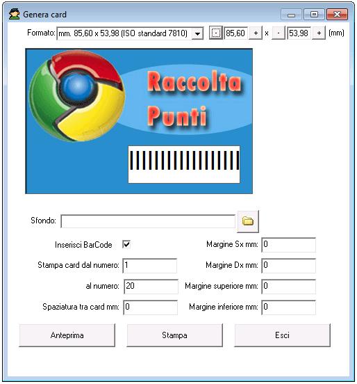Genera card Fidelity manager integra una utility che permette la stampa di una serie di card personalizzabili con un immagine e numerate con codice a barre.