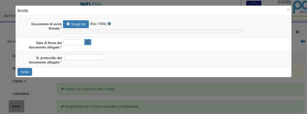 Fig.33 Esempio di visualizzazione tipo del Ds (Avviso FSE 3781) che accede in piattaforma Dopo aver cliccato sulla voce Avvio tra le funzioni del menu del modulo, se una condizione tra quelle