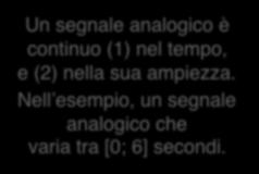 Un segnale analogico è continuo (1) nel tempo, e (2) nella sua ampiezza.