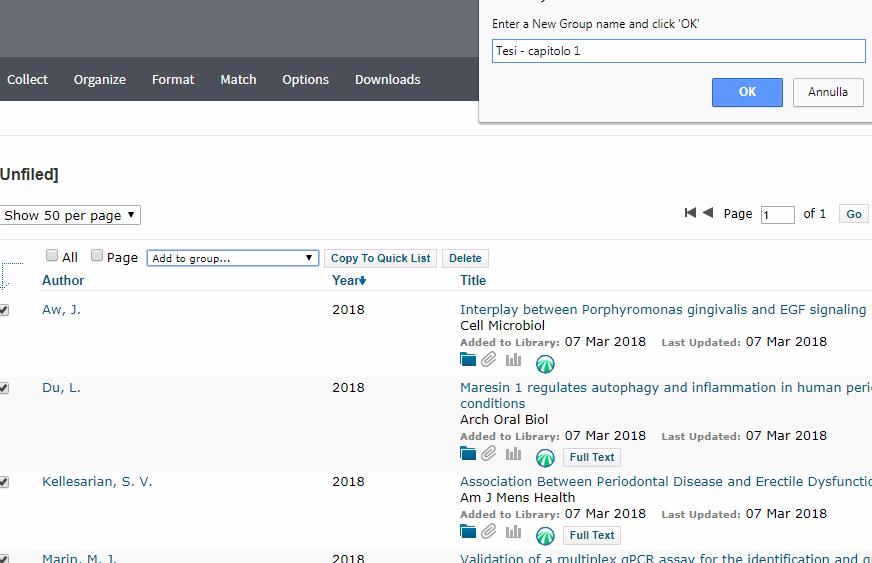 Creare una raccolta bibliografica Selezionare dall elenco le citazioni che interessano e scegliere New group.