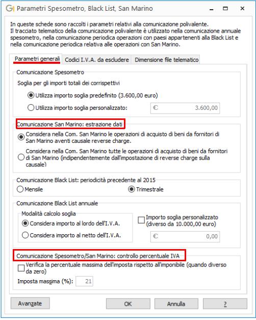 Figura 5 Scheda Parametri generali dei Parametri Spesomestro, Black List, San Marino Codici I.V.A. da escludere In questa scheda è possibile indicare fino a 20 codici I.V.A. da escludere. Le righe dei movimenti I.