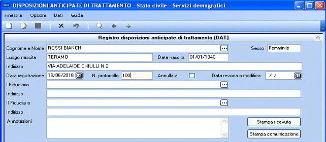 4.2 Stato civile Registro DAT Nella funzione di registrazione delle DAT è stata aggiunta la voce STAMPA
