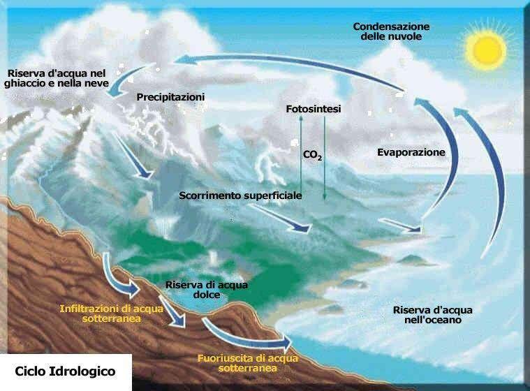 Il ciclo idrologico Rappresenta uno scambio continuo di acqua tra atmosfera,