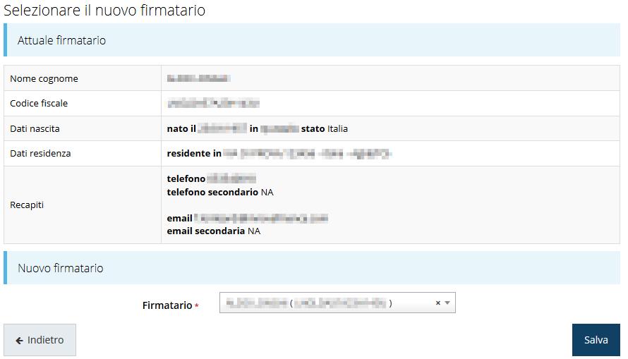 Si apre, così, la videata illustrata in Figura 38 dove sono mostrati i dati dell attuale firmatario. Selezionate il nuovo firmatario attraverso l apposito menù a tendina e salvate la modifica.