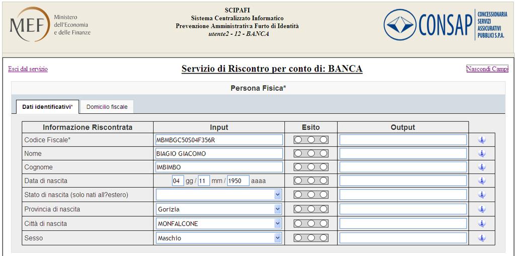 Esempio di verifica on-line Campi oggetto