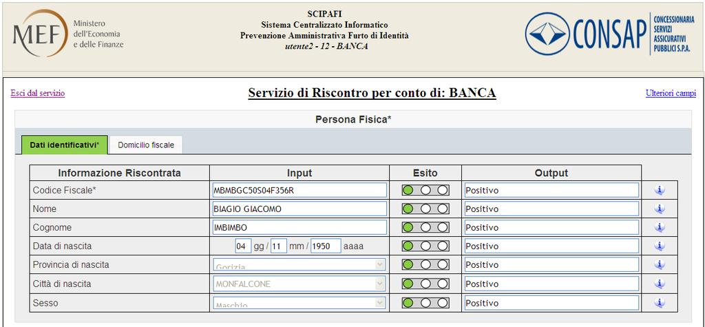 Esempio di risultato della verifica I risultati sono di tipo