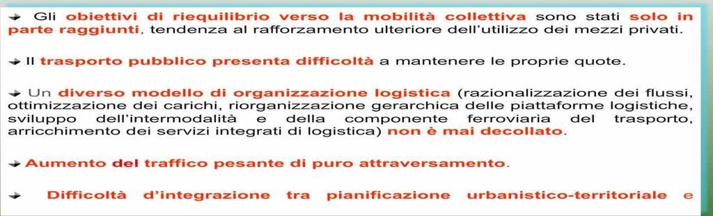 Gli obiettivi di riequilibrio verso la mobilità collettiva sono stati solo in parte raggiunti, tendenza al rafforzamento ulteriore dell utilizzo dei mezzi privati.