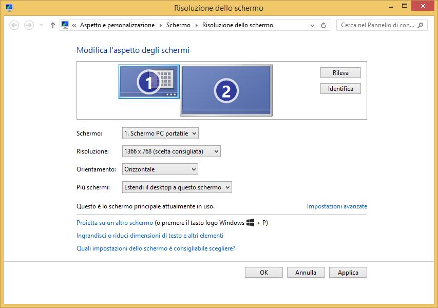 4. Configurazione Multi-monitor Una volta collegato un monitor esterno alla Docking Station, questo può essere configurato per l utilizzo in modalità "Estendi", "Duplica" o come "Schermo Principale".