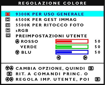 The OSD Controls 3) Premete il tasto : appare la finestra ADJUST COLOR. 4) Premete il tasto o per evidenziare 9300K per GENERAL USE, 6500K per IMAGE MANAGEMENT, 5500K per PHOTO RETOUCH o USER PRESET.