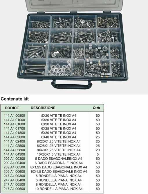 Assortimento bulloneria zincata 36 caselle Contenuto: Bulloni zincati da 6x16 a 6x60; bulloni zincati da 8x16 a 8x50 passo 1,5; bulloni zincati da 10x16 a 10x60 passo 1,5; bulloni zincati da 1x0 a