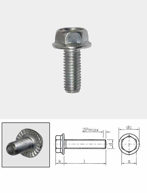 Viti a testa esagonale flangiate e zigrinate sottotesta DIN 691 Viti metriche con testa esagonale, classe di resistenza 8.8, zincate bianco con flangia zigrinata sottotesta. Passo grosso MA.