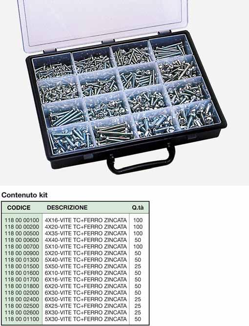 Assortimento viti metriche a testa cilindrica zincate Contenuto: 16 misure di viti TC+ zincate da 4x16 a 4x40, da 5x10 a 5x50,