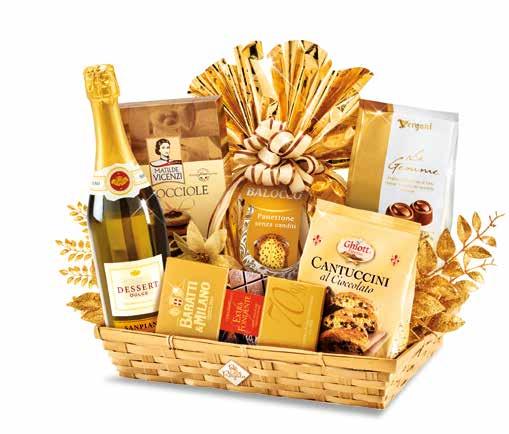 Cesti Natalizi Merlino 16,50 Panettone senza canditi in cellophane Balocco g 500, Spumante dolce Sanpiano Morando cl 75, Tavoletta cioccolato extra fondente Baratti & Milano g 75, Praline cioccolato