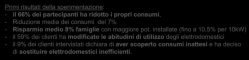 dati di consumo e dettaglio del profilo della potenza prelevata Comando di prese intelligenti e dialogo con elettrodomestici di nuova generazione via radio (ZigBee), con specifiche applicazioni Primi