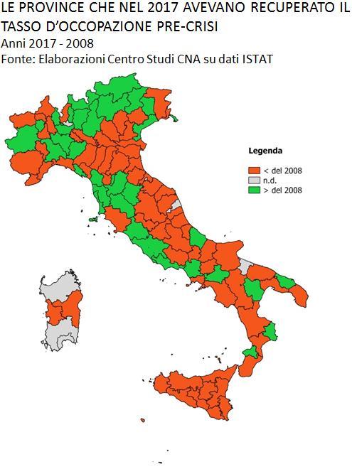 Nel Mezzogiorno solo sette province su trentotto sono riuscite a recuperare pienamente l occupazione pre-crisi. Si tratta di Chieti, Caserta, Avellino, Brindisi, Matera, Crotone e Vibo Valentia.