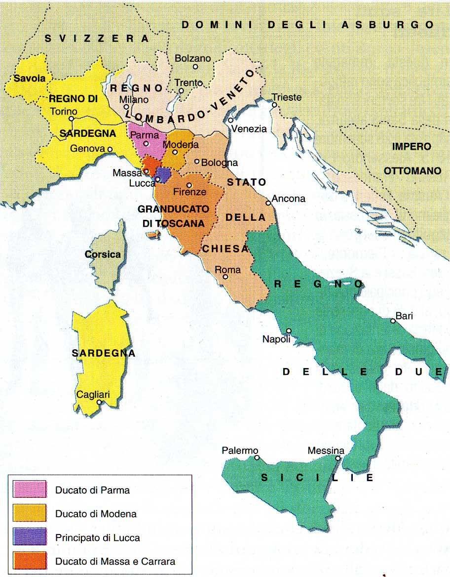 L'ITALIA dopo il Congresso di Vienna La Lombardia e il Veneto (ormai non c'è più la Repubblica di Venezia) sono sotto il controllo diretto dell'austria e costituiscono il
