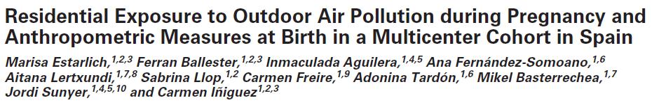 Riduzione peso alla nascita 2505 donne gravide in Spagna esposizione ad inquinamento atmosferico ( NO2 e benzene ) Ogni incremento di 10 mcg/m3 di esposizione a NO2 si è associato ad una riduzione